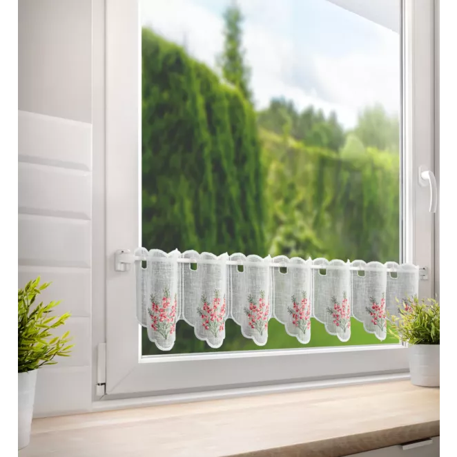 Tkanina firanowa zazdrostka zdobiona haftem różowych kwiatów Eurofirany