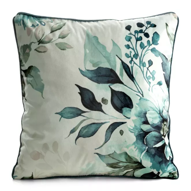 Poszewka na poduszkę 45x45 cm welwetowa beżowo, ciemnoturkusowa z roślinnym nadrukiem VELVET 205 Eurofirany