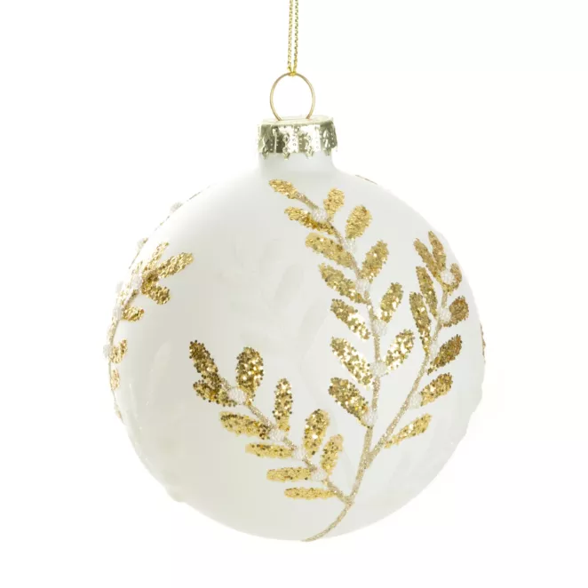Biała szklana bombka choinkowa zdobiona złotymi gałązkami  i błyszczącymi drobnymi perełkami 8 cm Eurofirany