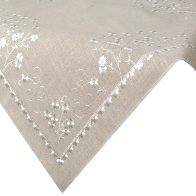 Obrus na stół beżowy 85x85 cm ADELINE z dodatkiem lnu zdobiony haftem Eurofirany