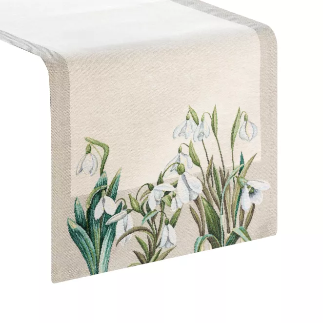 Bieżnik na stół naturalno, biały 40x100 cm gobelinowy z motywem przebiśniegów Eurofirany