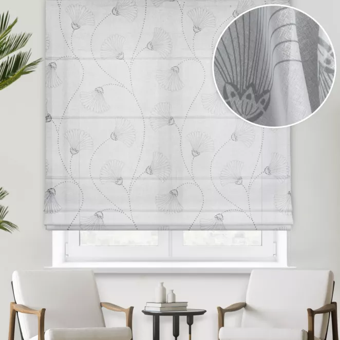 Roleta rzymska biało popielata z eleganckiej etaminy w drukowany, modny, botaniczny wzór
