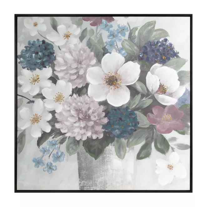 Obraz kremowo, zielony ręcznie malowane kwiaty na płótnie z błyszczącymi akcentami 80x80 cm Eurofirany