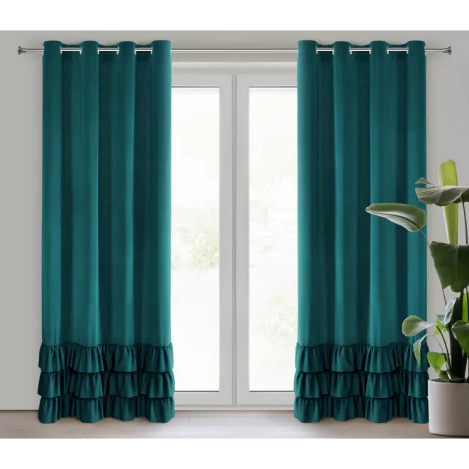 Zasłona ciemnoturkusowa z welwetu zdobiona trzema subtelnymi falbanami 140x250 cm przelotka MEGI Eurofirany