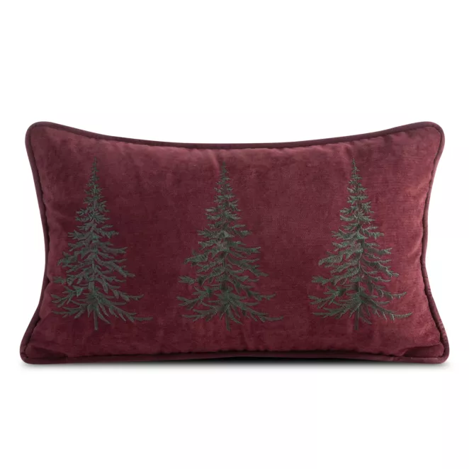 Poszewka na poduszkę świąteczna 30x50 cm welwetowa bordowo, zielona z szenilu zdobiona haftem choinek  Eurofirany