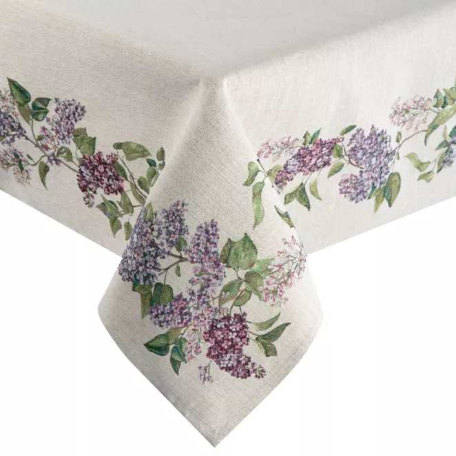 Obrus na stół naturalno, fioletowy 140x180 cm gobelinowy zdobiony motywem bzu Eurofirany