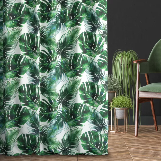 Zasłona szyta na taśmie fala GABI naturalno zielona z tkaniny o naturalnym splocie z botanicznym wzorem