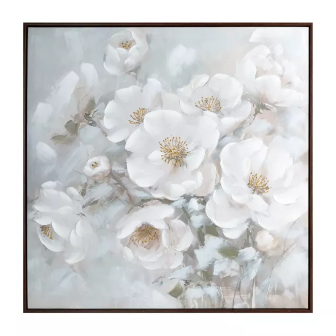 Obraz kremowo, błękitny ręcznie malowany w bukiet subtelnych kwiatów na płótnie 80x80 cm Eurofirany