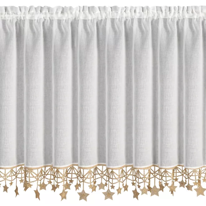 Zazdrostka świąteczna biało, złota z etaminy zdobiona luźno zwisającymi gwiazdkami 150x90 cm tunel - XMAS Eurofirany