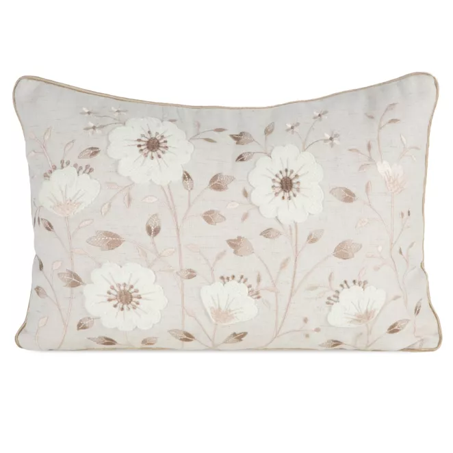 Poszewka na poduszkę 35x50 cm o naturalnym splocie zdobiona haftem wiosennych kwiatów beżowo, biała WIOSNA 123 Eurofirany