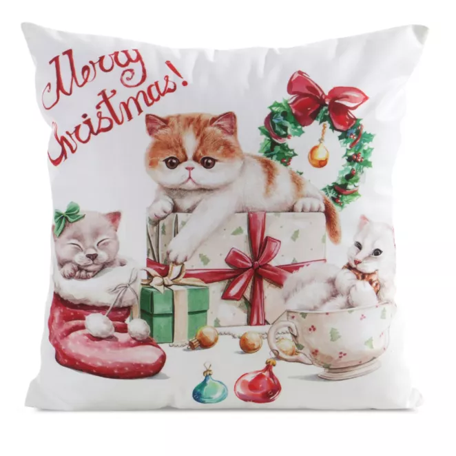 Poszewka na poduszkę świąteczna 45x45 cm biało, czerwona zdobiona nadrukiem uroczego kotka Eurofirany