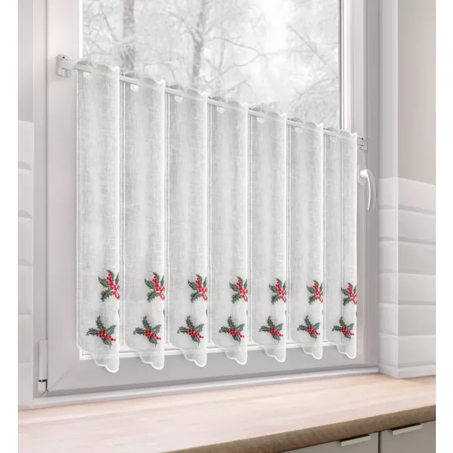 Tkanina firanowa zazdrostka z haftem świątecznym z motywem ostrokrzewu Eurofirany