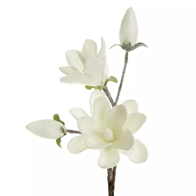 Magnolia gałązka dekoracyjna biało - srebrne sztuczne kwiaty z pianki 59 cm Eurofirany