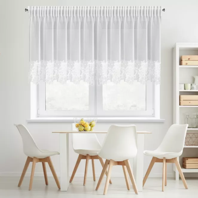 Firana biała z etaminy zdobiona ażurową koronką 400x80 cm, taśma - ARTEMIDA Eurofirany