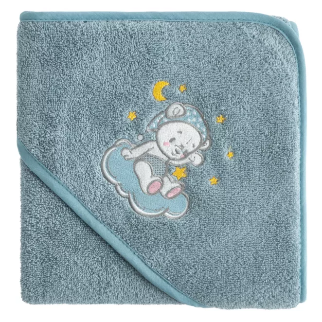 Ręcznik kąpielowy dziecięcy 100x100 cm bawełniany kolor niebieski z kapturem i aplikacją uroczego misia 400 g/m2 Eurofirany