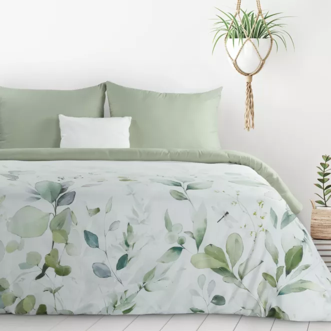 Pościel 140x200 cm kolor biało, oliwkowy z motywem liści VERANO design 91 Eurofirany