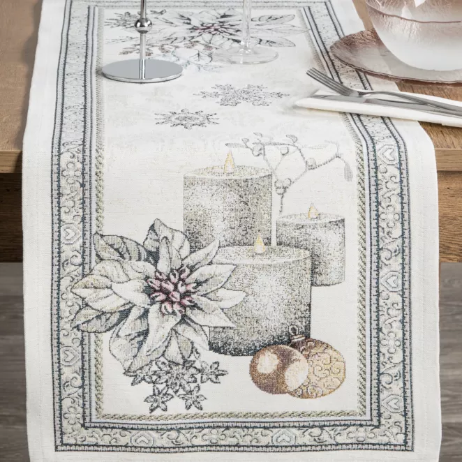 Bieżnik na stół popielato, srebrny 40x100 cm gobelinowy CANDL z mieszanki włókien zdobiony wzorem świątecznym