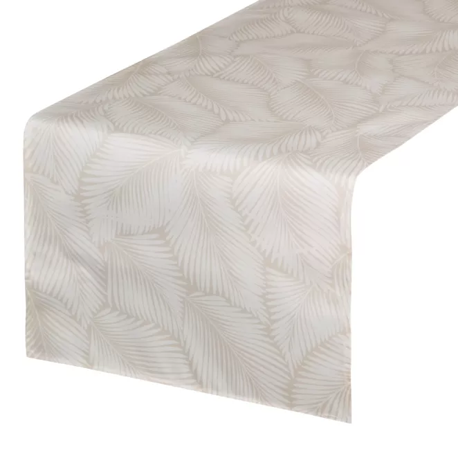 Bieżnik na stół beżowo, biały 40x140 cm wodoodporny GARDEN na taras oraz balkon z motywem palmowych liści