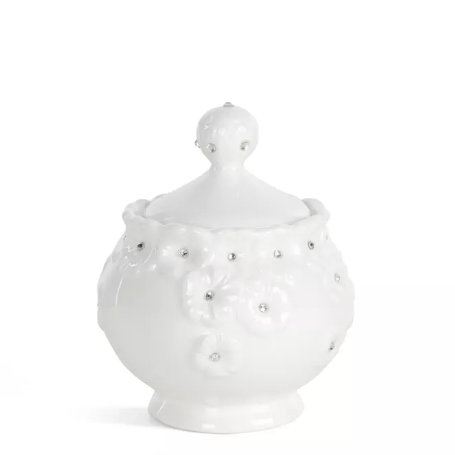 Pojemnik dekoracyjny biały zdobiony w drobne kwiaty z błyszczącym wykończeniem 10x12 cm ELISA  Eurofirany