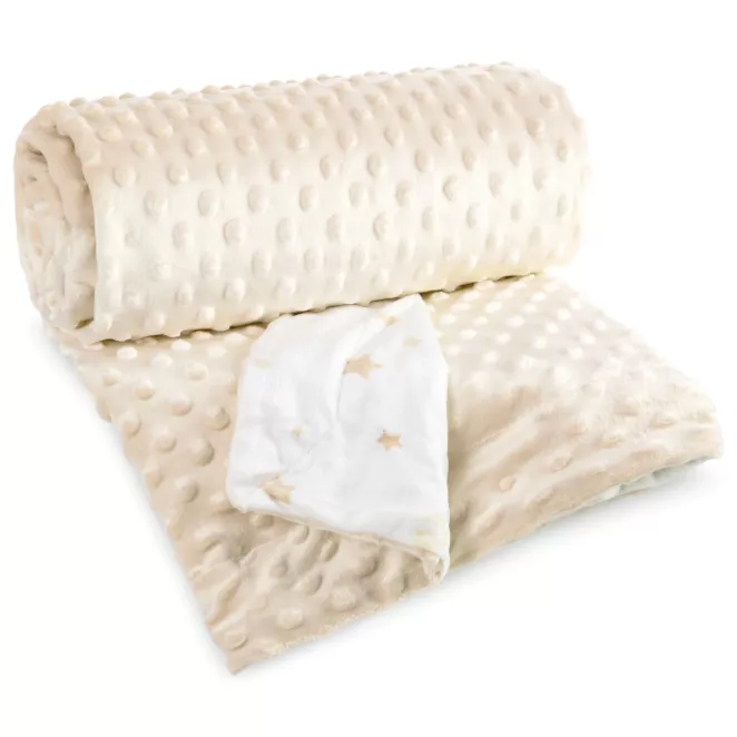 Dwustronny koc dziecięcy 80x110 cm beżowo, kremowy z tkaniny minky oraz uroczych gwiazdek BABY 5 Pierre Cardin Eurofirany