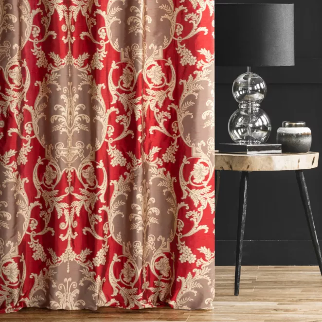 Zasłona szyta na taśmie fala BRANDON bordowo złota z wyrazistym ornamentowym wzorem