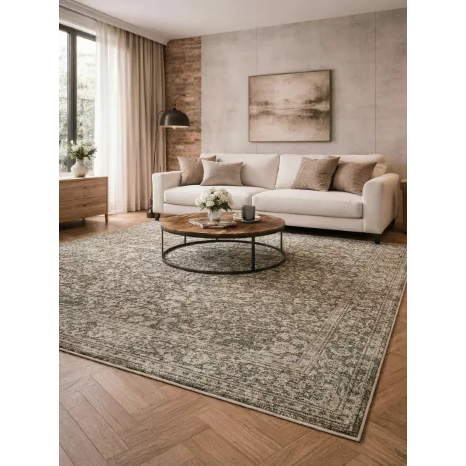 Dywan 140x150 cm oliwkowo, beżowy zdobiony przecieranym orientalnym wzorem MONTREAL Eurofirany