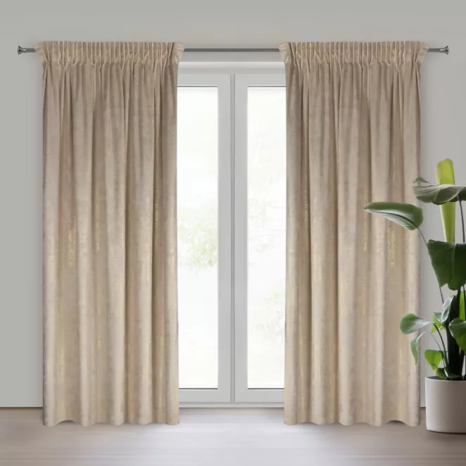 Zasłona kremowo, srebrna welwetowa z przecieranym błyszczącym nadrukiem 140x270 cm taśma - AVENA Eurofirany