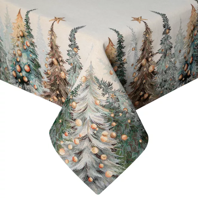 Świąteczny obrus naturalno, zielony 140x180 cm gobelinowy zdobiony tkanym motywem choinek Eurofirany