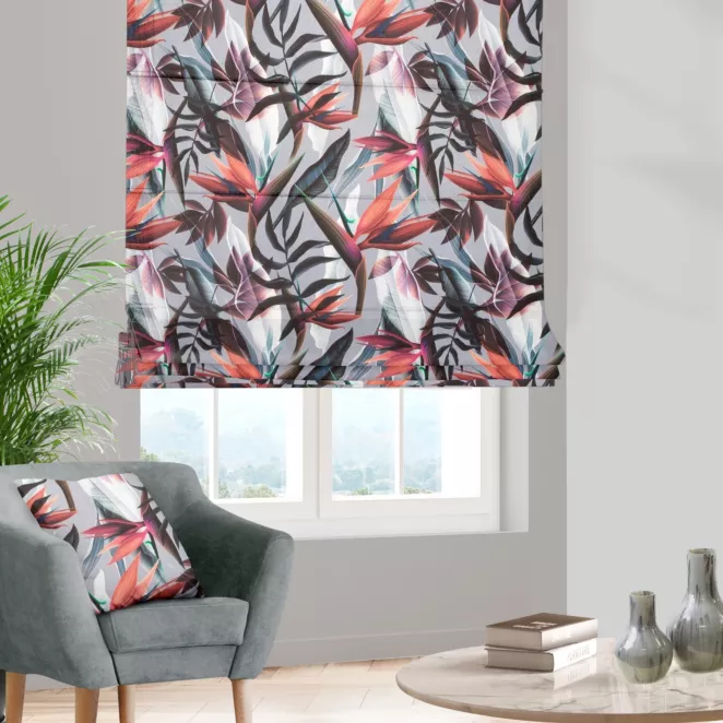 Roleta rzymska srebrno pomarańczowa z miękkiej tkaniny drukowanej w kolorowy botaniczny wzór
