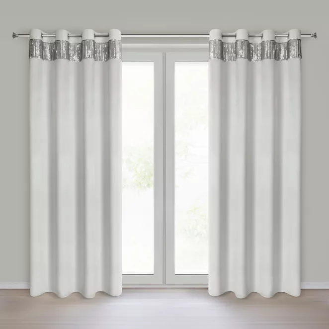 Zasłona biało, srebrna z welwetu zdobiona cekinami 140x250 cm przelotka JASPER Eurofirany