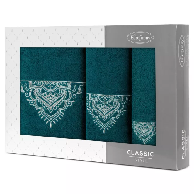 Zestaw ręczników bawełnianych 3 szt kolor ciemno turkusowy, srebrny z haftem 400 g/m2 LAURA Eurofirany