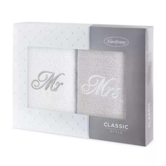 Zestaw ręczników bawełnianych 2 szt 50x90 cm z haftem MR&MRS kolor biały, popielaty 400 g/m2 Eurofirany