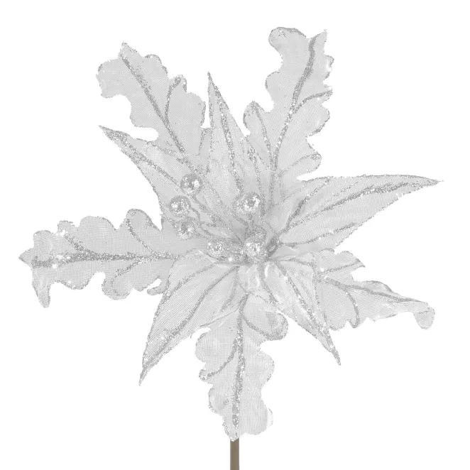 Biała gwiazda betlejemska ze srebrnym akcentem kwiat na choinkę 29 cm Eurofirany