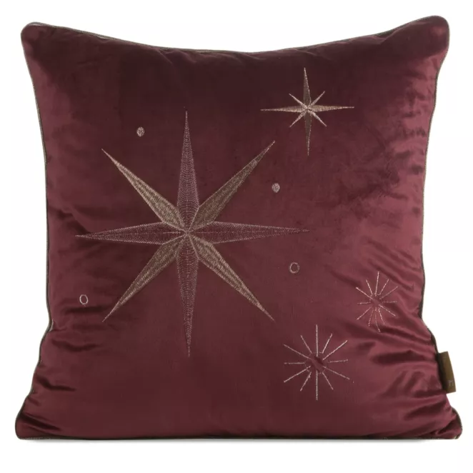 Poszewka na poduszkę świąteczna 45x45 cm welwetowa bordowo, szampańska zdobiona haftem z motywem gwiazd Eurofirany