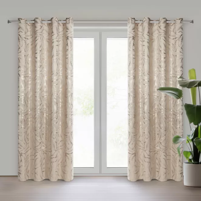 Zasłona beżowo szampańska zdobiona nadrukiem liści 140x250 cm złota przelotka - MILENA Eurofirany