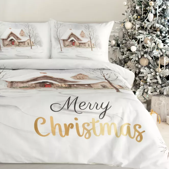 Pościel świąteczna 140x200 cm z satyny bawełnianej, kolor biały jasnobrązowy z nadrukiem świątecznym JOYFULL Eurofirany