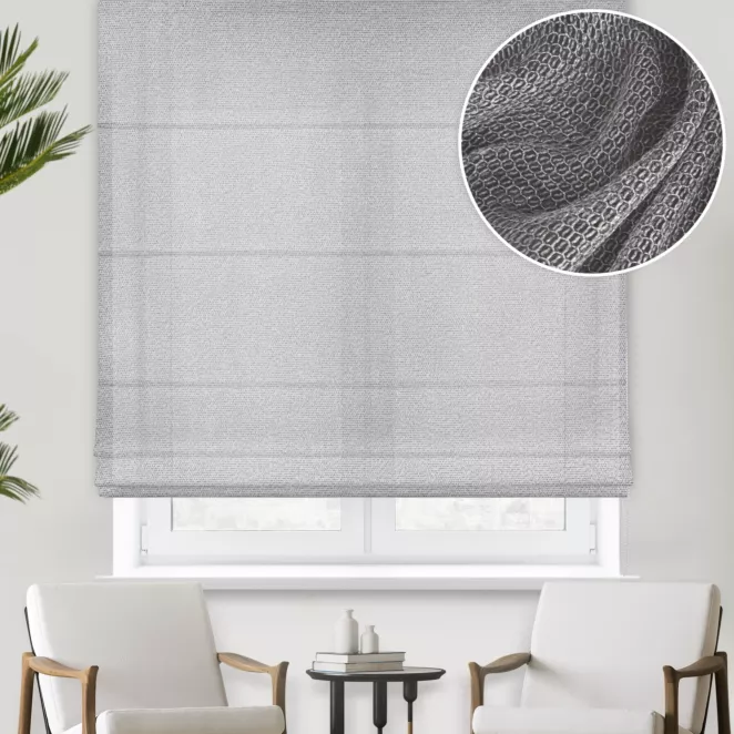 Roleta rzymska srebrna z eleganckiej siatki w stylu glamour z połyskliwą nicią, wykończona obciążnikiem Italissima Eva Minge