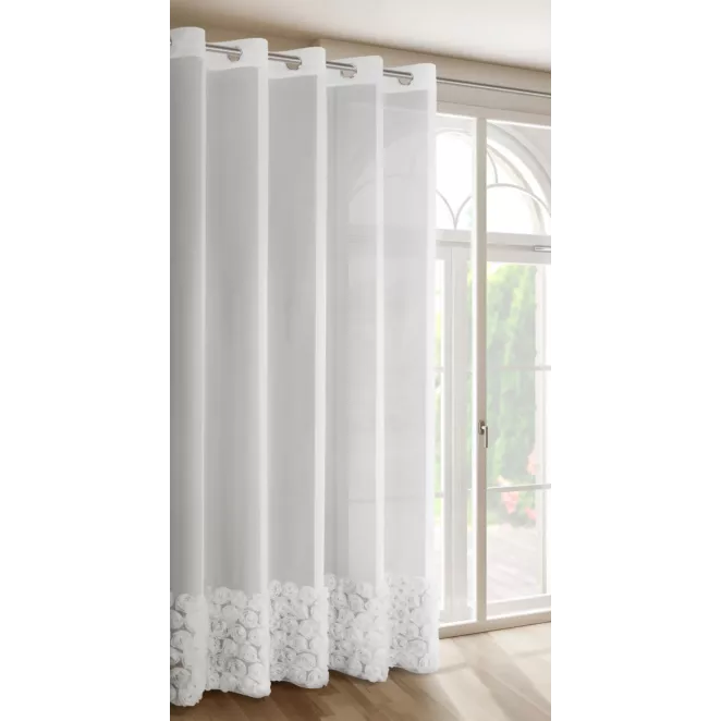 Zasłona biała zdobiona pasem aplikacji 3D róż 350x250 cm przelotka ROSES Eva Minge Eurofirany