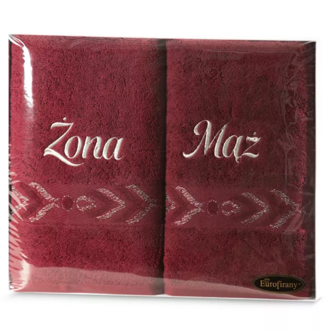 Zestaw ręczników bawełnianych na prezent 2 szt 50x90 cm kolor bordowy z ozdobnym haftem ŻONA MĄŻ Eurofirany
