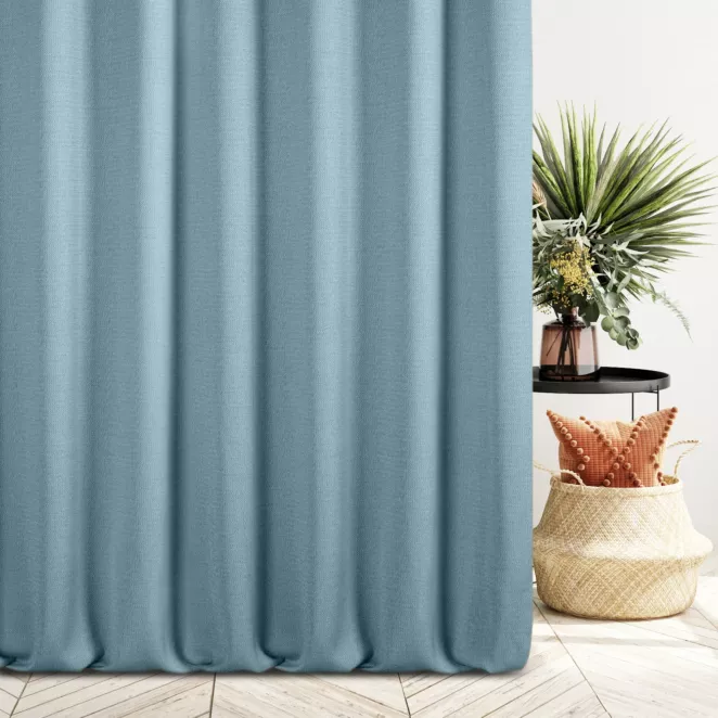 Zasłona szyta na taśmie fala niebieska z tkaniny o naturalnym splocie z efektem melanżu