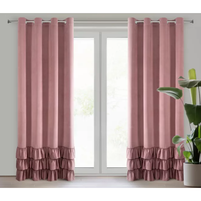 Zasłona ciemnoróżowa z welwetu zdobiona trzema subtelnymi falbanami 140x250 cm przelotka MEGI Eurofirany