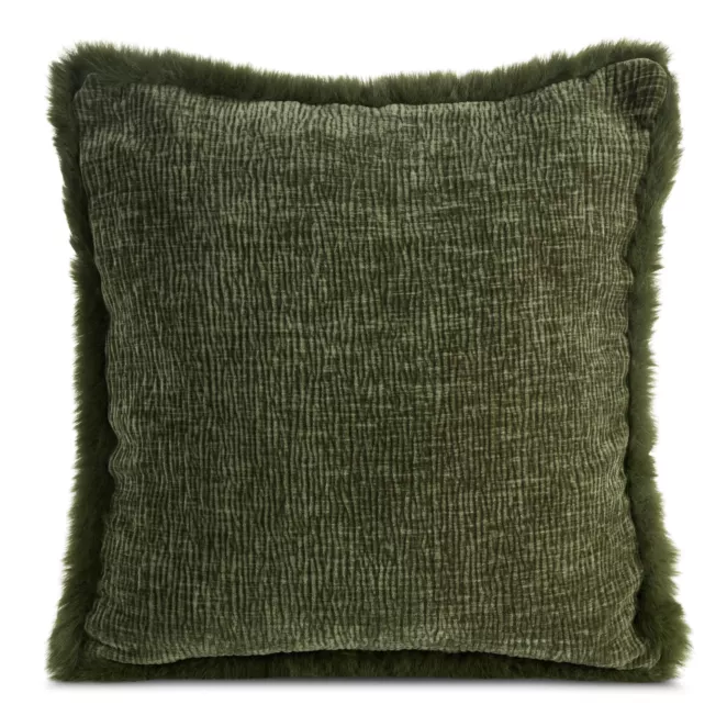Poszewka na poduszkę 45x45 cm oliwkowa szenilowa zdobiona futerkiem na brzegach poszewki BLANCA 01 Eurofirany