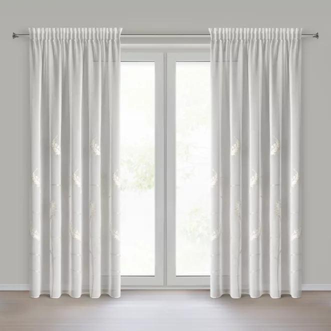 Firana kremowa z matowej etaminy zdobiona haftem 140x270 cm taśma  - AURELIA - Eurofirany