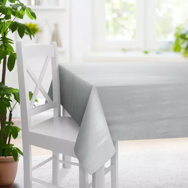 Obrus szyty srebrny z tkaniny z mieszanką lnu i wiskozy, w stylu eko, z delikatnym połyskiem