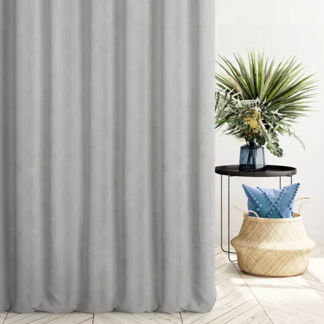 Zasłona szyta na taśmie fala popielata z miękkiej matowej tkaniny szenilowej o naturalnym splocie
