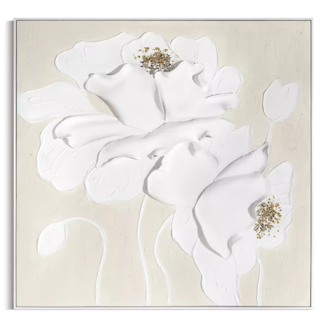Obraz w trójwymiarowe kwiaty kremowo, beżowy ręcznie malowany na płótnie oprawiony w ramę 102x102 cm Eurofirany