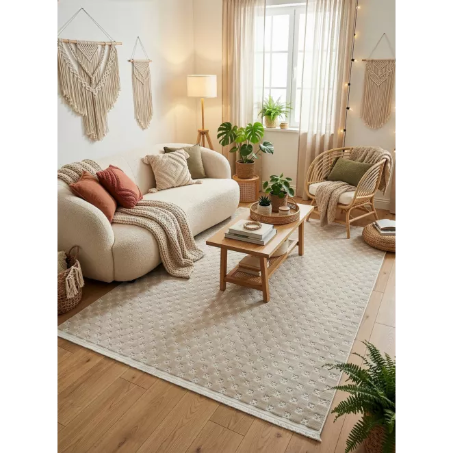 Dywan 200x290 cm kremowy zdobiony trójwymiarowym wzorem szachownicy MONO BOHO Eurofirany