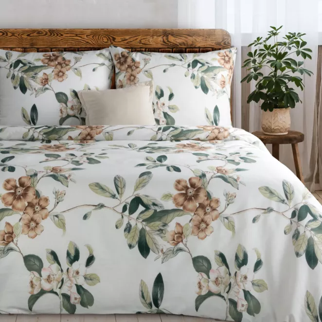 Pościel 140x200 cm komplet 2 częściowy kolor biały, jasnobrązowy z motywem kwiatów NIKOLA Eurofirany