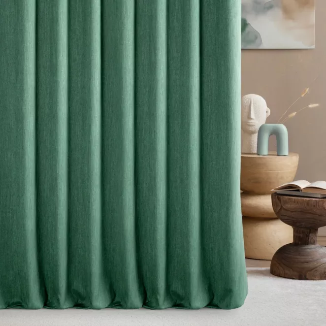 Zasłona szyta na taśmie fala zielona z tkaniny o naturalnym splocie z efektem melanżu