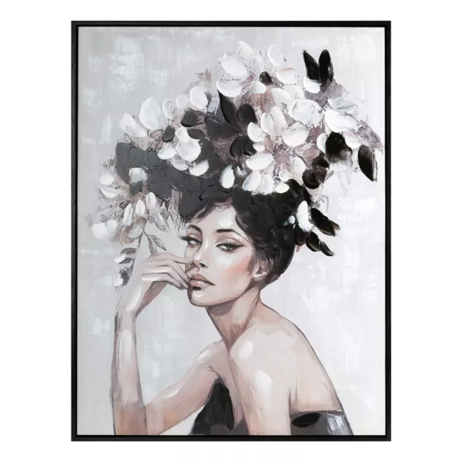 Obraz kremowo, czarny ręcznie malowanej kobiety z kwiatami na płótnie 60x80 cm Eurofirany